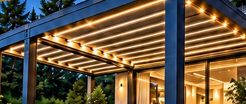 Akşam ışıklarıyla aydınlatılmış cam kış bahçesi ve pergola