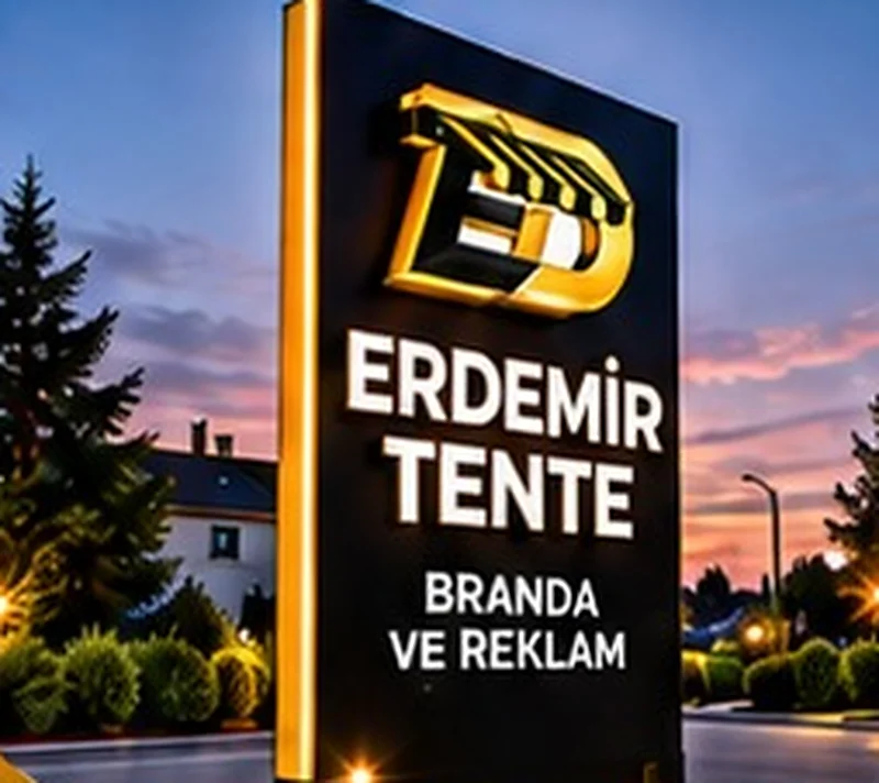 Akşam ışığında ışıklı firma totemi